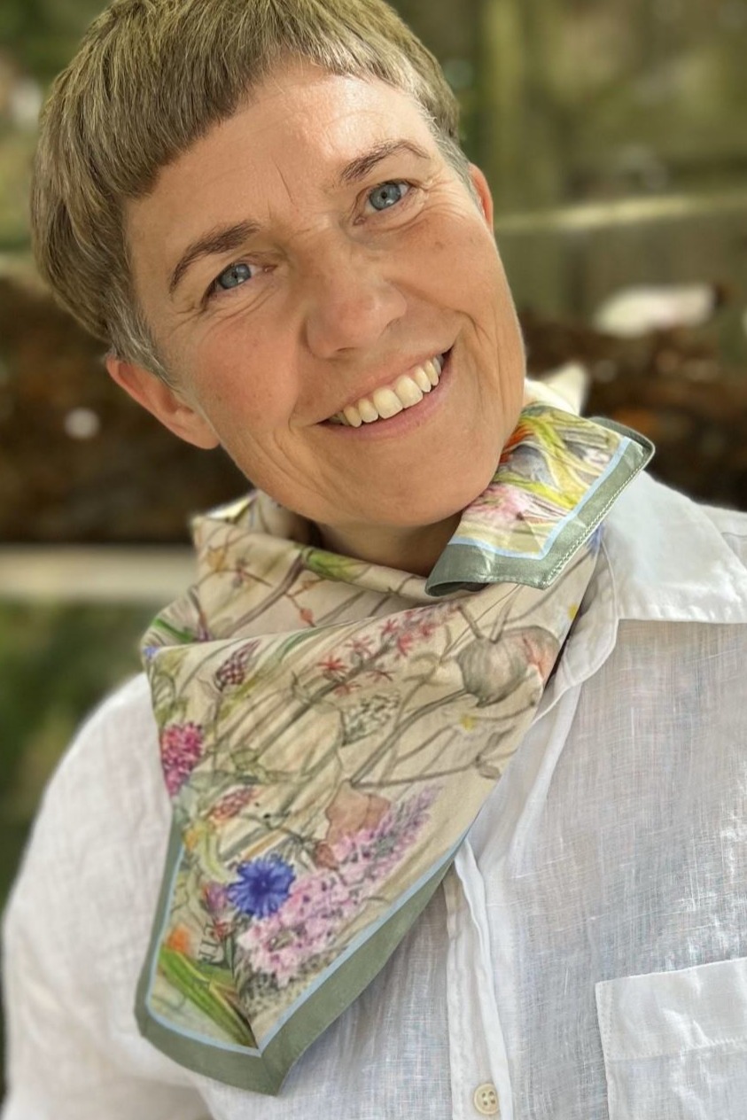 5420 Sommerblomster og fugle Mind of Line lille bomulds tørklæde med print af fugle og blomster